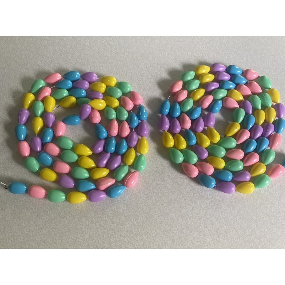 2 EASTER EGG GARLANDs True Vintage Blow Mold Plastic 7+ft Strands Bright Pastel